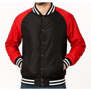 Original Deluxe Varsity Bomber Jacket Men Size L Black Red Snap Front